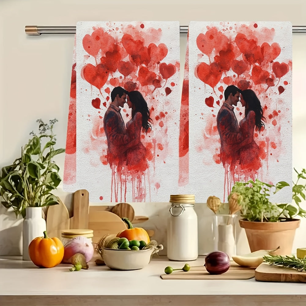 Set of 2 Romantic Love-Themed Kitchen Towels - Made of Ultra Soft & Highly Absorbent Polyester, Perfect for Drying Dishes - Machine Washable, Size 40.64x60.96 cm - Great Addition to Valentine's Day Decor featuring Heart Splatter Design