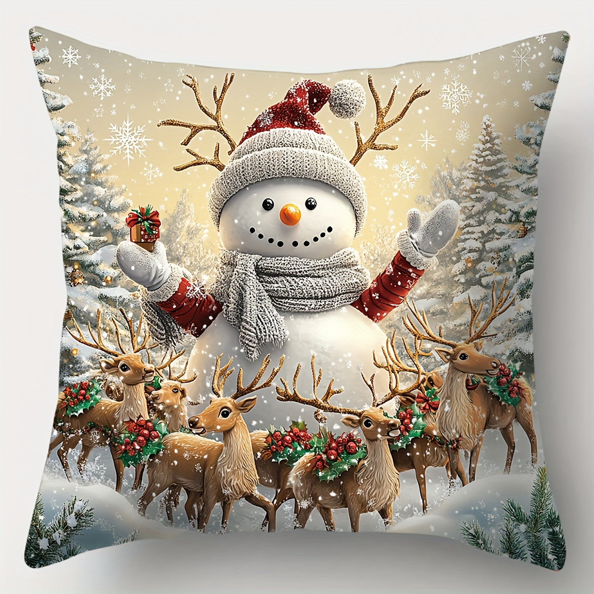 4 festive pillow cases featuring Santa Claus, Snowman, and Reindeer prints. Made of polyester, zippered, and machine washable. Perfect for home decor in the living room. Dimensions are 45.01 x 45.01 cm.