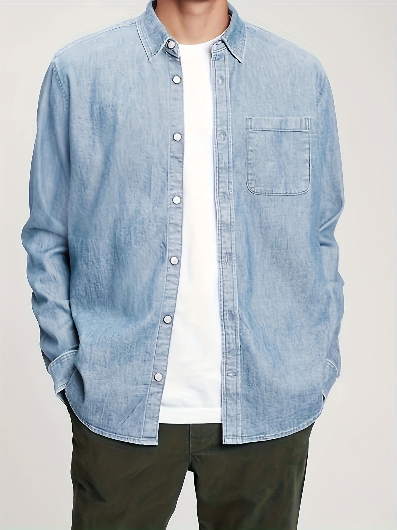 Men's solid denim shirt for spring/fall, casual style, plus size