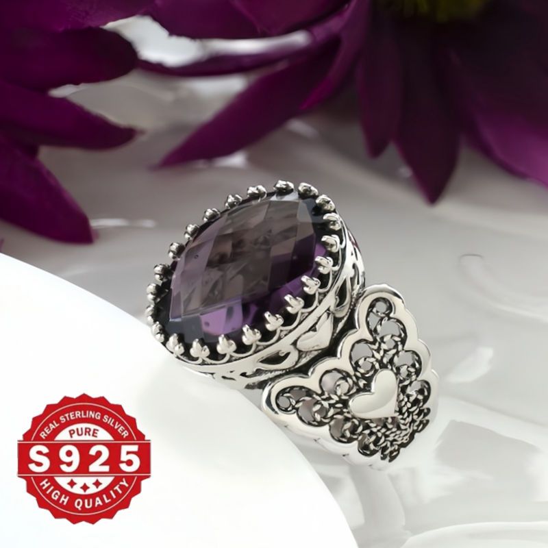 Handcrafted Filigree Art Detail 925 Sterling Silver Heart Cocktail Ring with Amethyst Gemstone, Ideal for Weddings and Parties, Durable for Everyday Wear