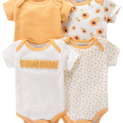 4-piece set of newborn short sleeve one-piece suits with alphabet print and embroidery. Suitable for babies aged 0-9 months.