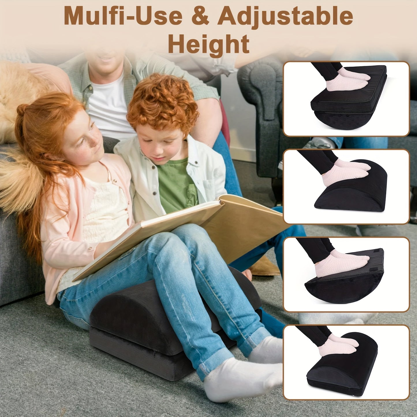 Versatile foot rest with washable cover and 2 adjustable heights for work, car, home, and office.