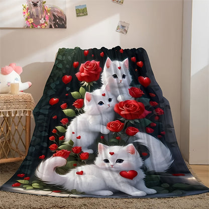 The Cozy Rose Cat Flannel Throw Blanket is both versatile and warm, perfect for use on the couch, in the car, at the office, for picnics, or camping. Made of soft polyester, this all-season blanket is sure to keep you cozy wherever you go.