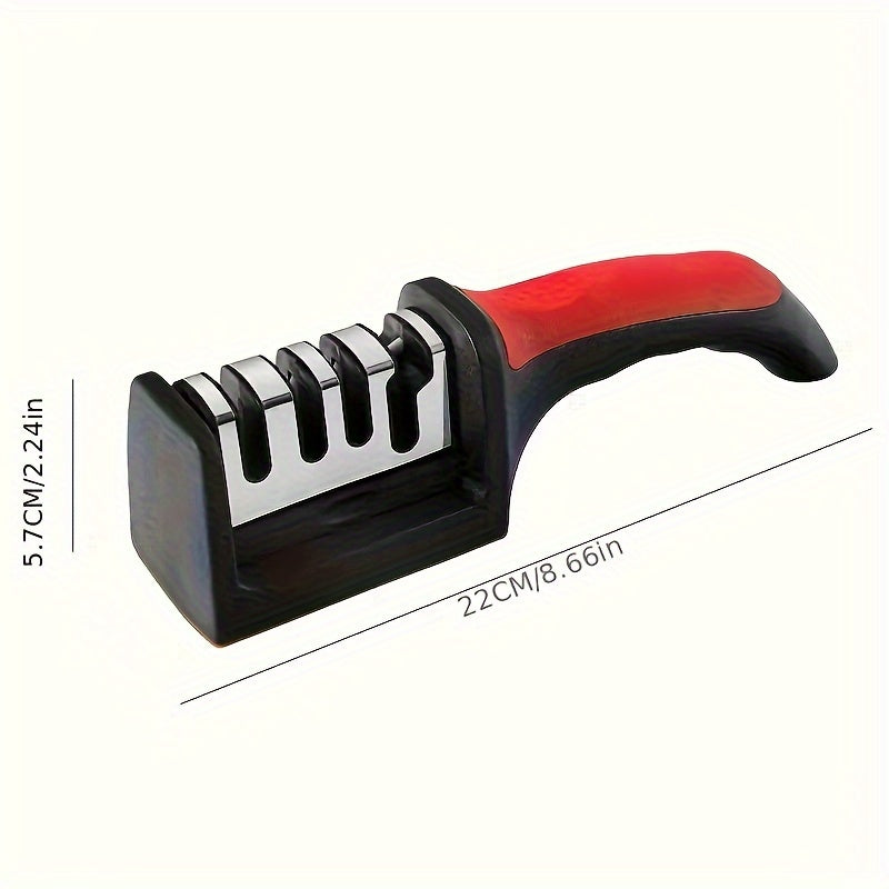 A versatile kitchen tool for sharpening knives and scissors, the 3-Stage Stainless Steel Knife Sharpener is compatible with ceramic blades.