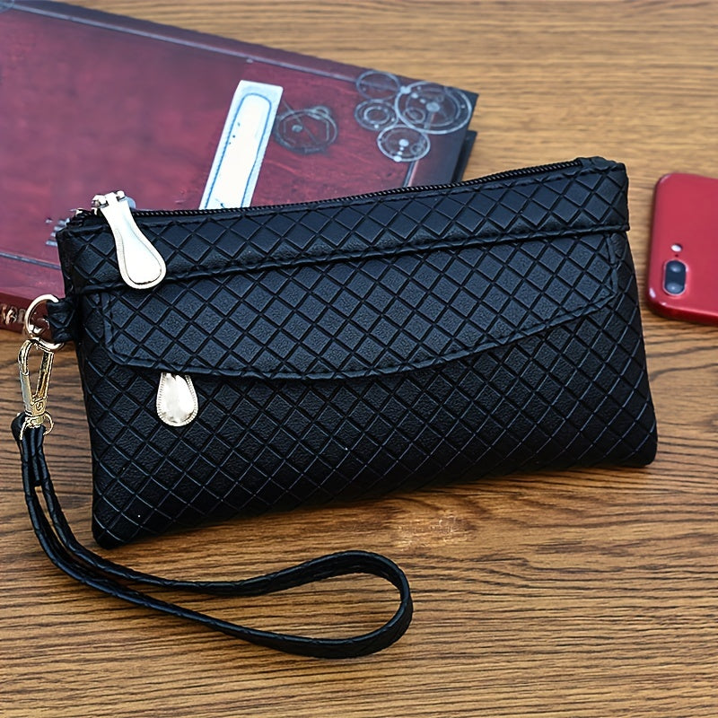 Women's Argyle Quilted Clutch with Multiple Zippers, Wristlet Bag for Phone and Coin