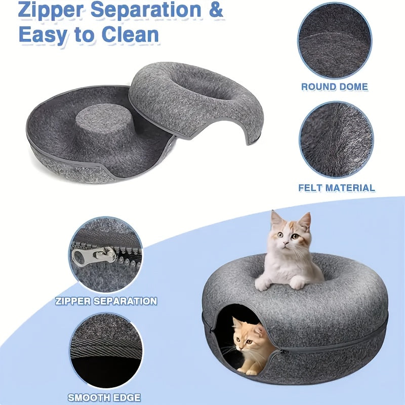 Donut-shaped cat bed with interactive felt tunnel, also serves as a canvas cat house for small to medium cats, ferrets, and rabbits, can be used as a play and training toy.