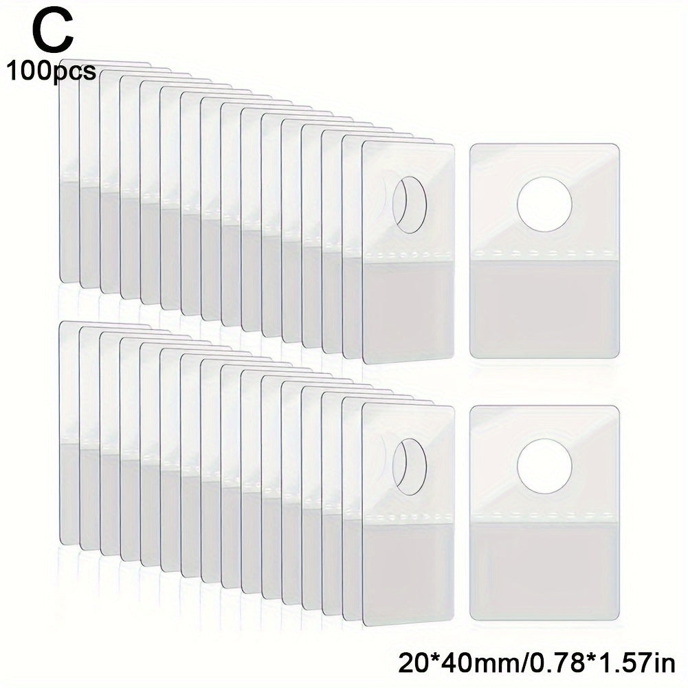 100 plastic adhesive hooks for hanging cards, pets, sheets, PVC, and airplane holes.