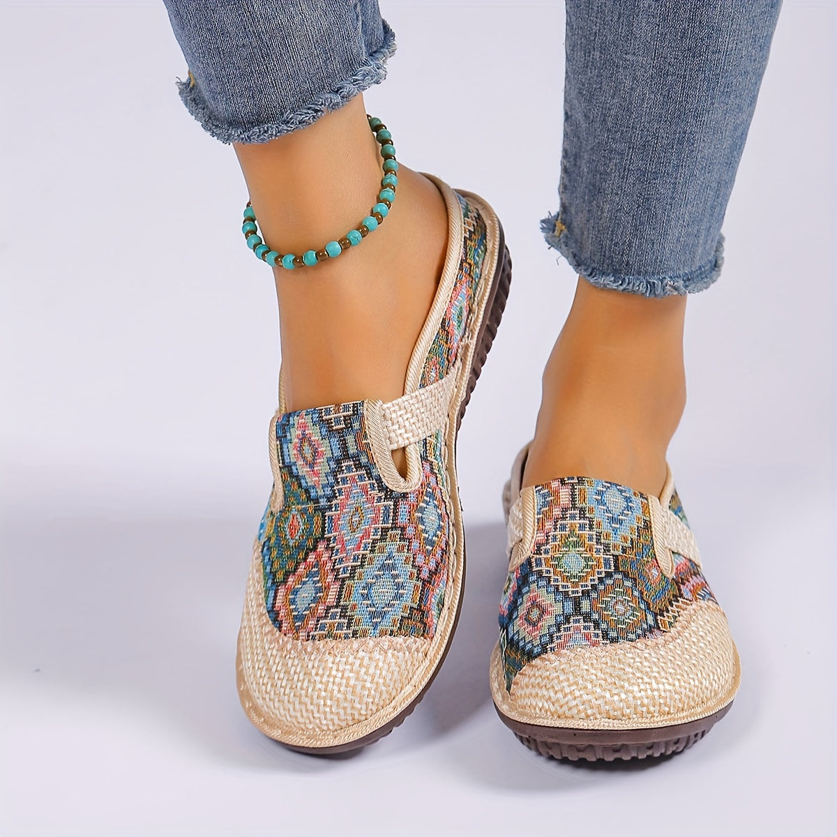 Geometric Closed Toe Mules for Women, Round Toe Non-slip Linen Cloges