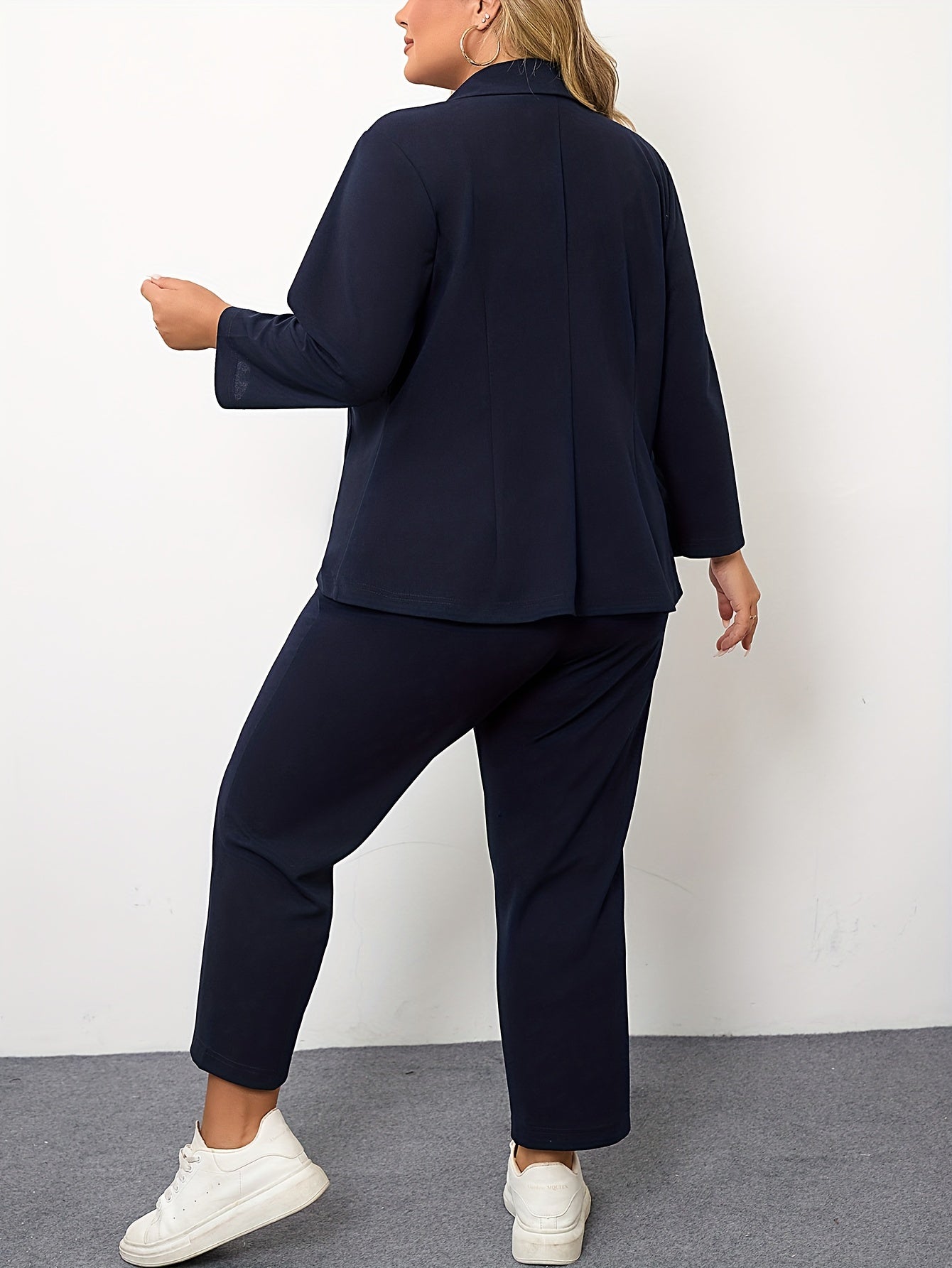 Chic Plus Size Solid Blazer & Pants Set - Stretchy, Machine Washable, Versatile Year-round