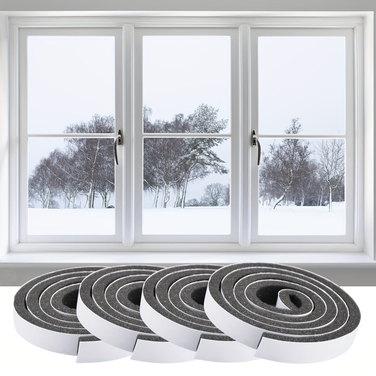 Polyurethane foam weather stripping rolls for doors and windows with soundproofing, windproof aluminum and plastic steel strips, and collision prevention draft stoppers.