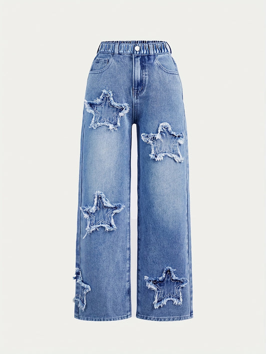 Y2K Star Patch Embroidery Straight Leg Jeans for Girls, Retro Denim with Elastic Waistband for All Seasons