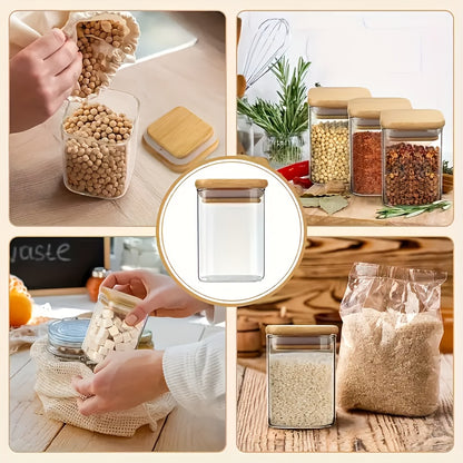 12-piece square glass spice jar set with waterproof labels and whiteboard marker. Made of heat-resistant borosilicate glass for salt, pepper, sugar. Includes bamboo lids, dishwasher safe