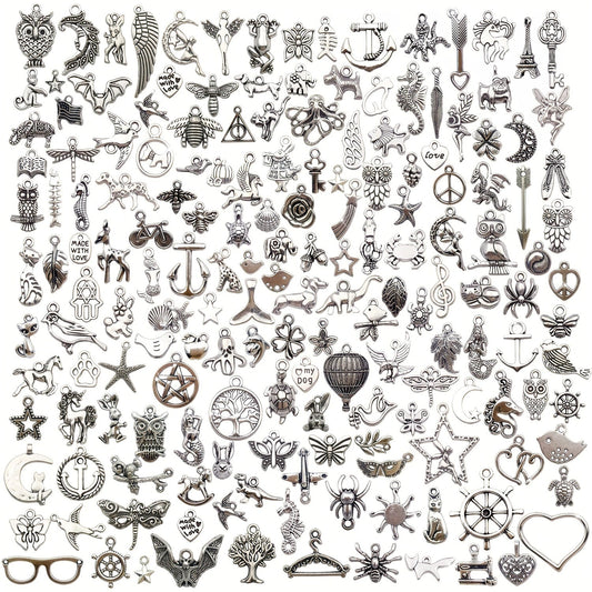 Set of 200 Antique Silver Alloy Charms, Perfect for Creating Necklaces, Bracelets, and Keychain Jewelry