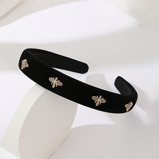 Stylish black velvet headband with golden bee embellishments, perfect for women on Valentine's Day.