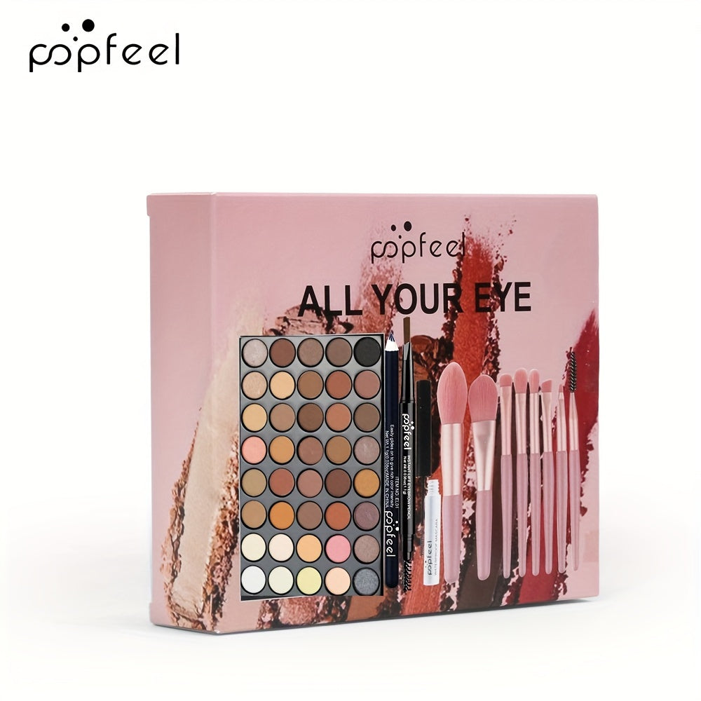 POPFEEL Eye Makeup Set including 40 Color Eyeshadow Palette, Mascara, Eyebrow Pencil, Eyeliner, and 8 Brush Set.