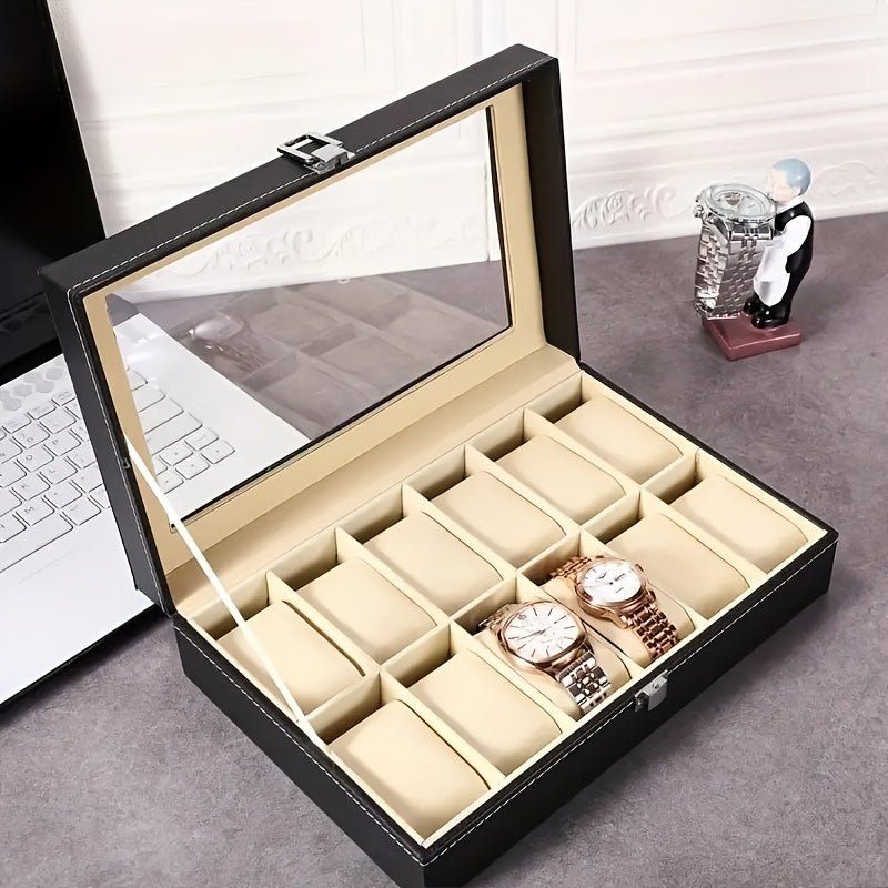 12-compartment faux leather watch box with glass lid, metal clasp, velvet lining, and flip-top closure. Black jewelry organizer for watches.