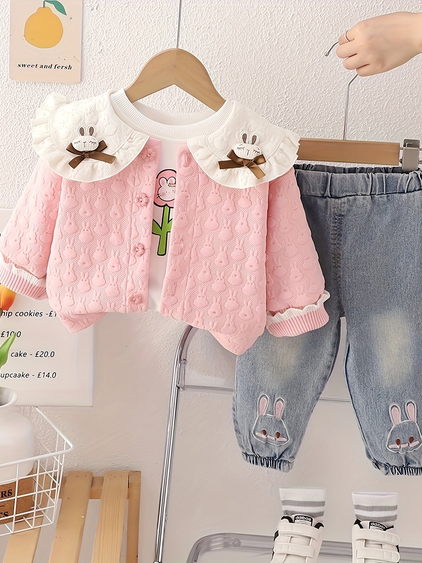 Girls' 3-piece spring/autumn fashion set featuring a cute ruffle collar, floral print long-sleeve t-shirt, denim rabbit pants, and regular fit polyester blend outerwear. Suitable for