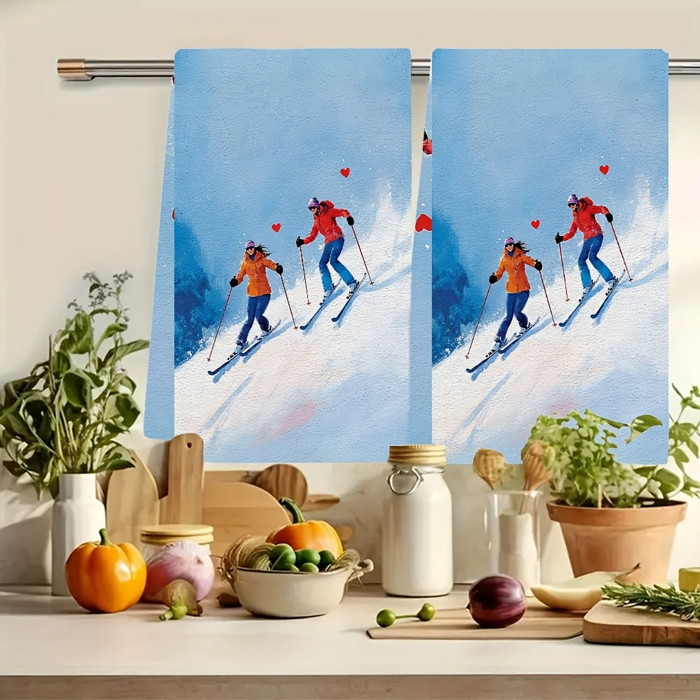 Add a touch of charm to your kitchen with this set of two ultra-soft dish towels adorned with a delightful illustration of a couple skiing gracefully down a snowy hill. The skiers move side by side, executing elegant turns with ski poles featuring