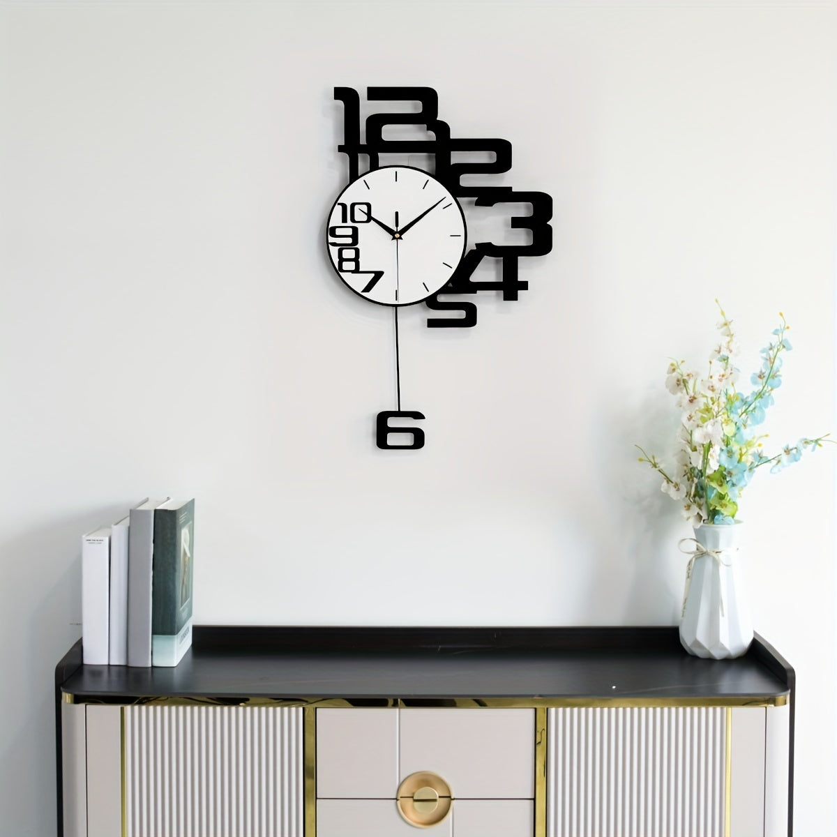 Modern minimalist metal wall clock with silent non-ticking mechanism, irregular shape, digital display, AA battery powered (battery not included). Perfect for decorating living room, kitchen, bedroom, dining room, and office. Ideal for housewarming