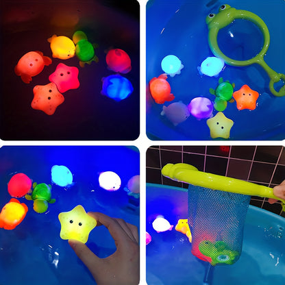 Colorful glow-in-the-dark bath toy set of luminous ocean animals made of PVC, with batteries included. Fun and educational bathtub game for youngsters.