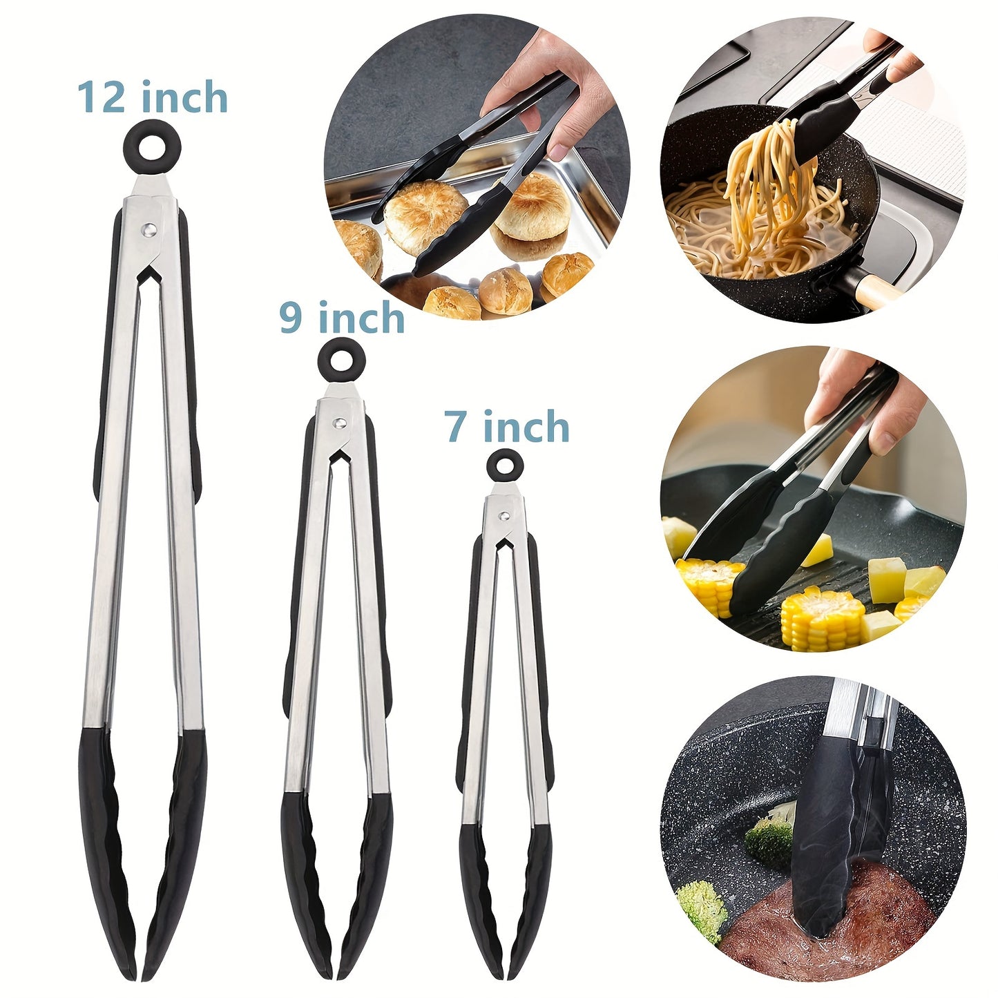 1PC Silicone-tipped Kitchen Tongs, High Heat Resistant with Locking Feature, Heavy Duty with Great Grips, available in 7", 9" and 30.48 cm, Black.