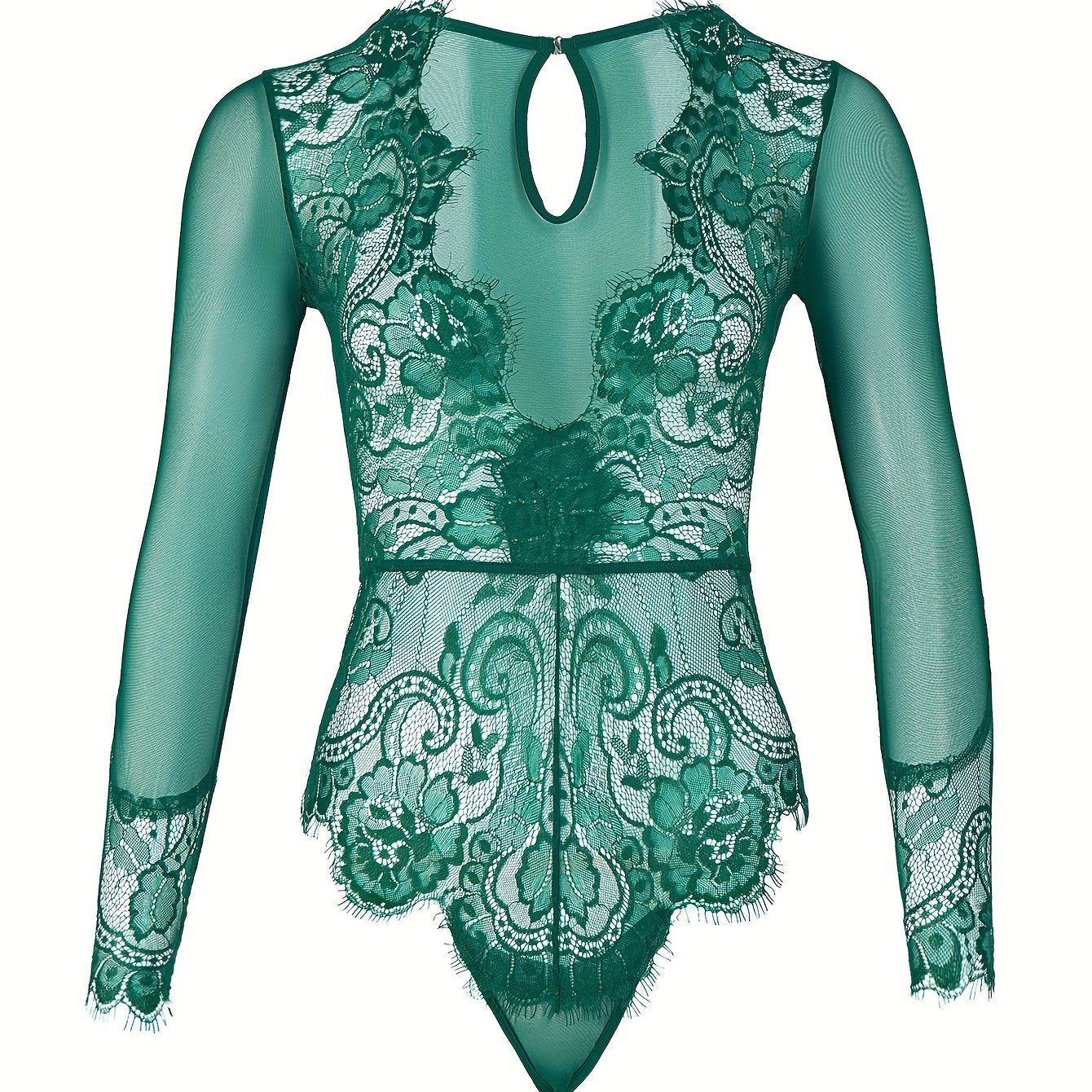 Green lace bodysuit with floral patterns, high-neck, long sleeves, keyhole back, machine washable - sexy lingerie set for women.