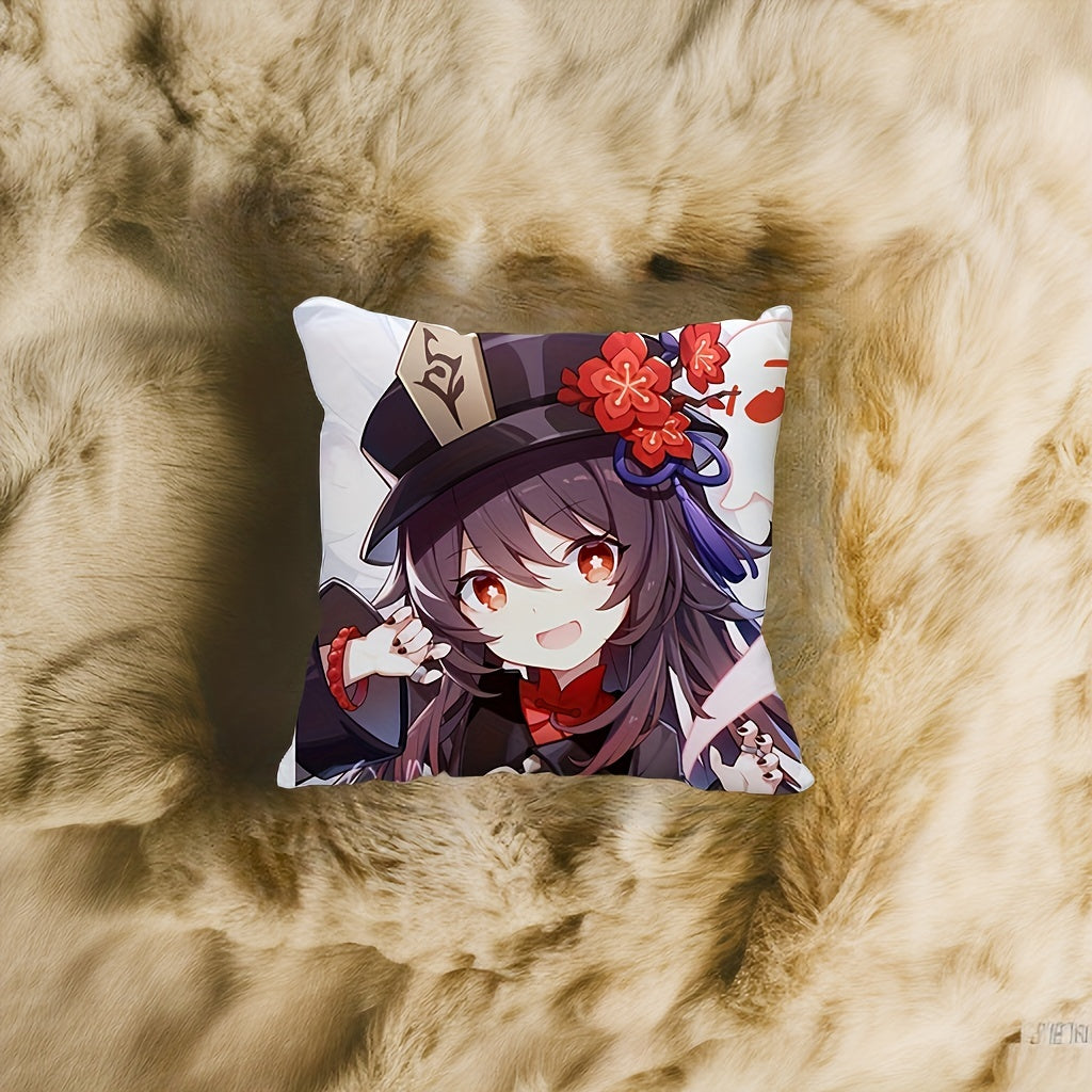 Soft and stylish, this velvet pillow cover features a 1pc anime game character design. Made with peach skin cushion material, this 17.7x17.7 inch cover is perfect for adding a touch of luxury to your living room, bedroom, hotel, sofa, car, office, or any