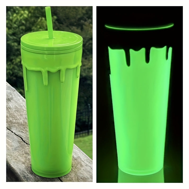 24oz Glow-in-the-Dark Reusable Tumbler with Lid & Straw, Double Wall Insulated BPA-Free Plastic, Vibrant Green for Cold Drinks, Gifts, Travel, and Recyclable.