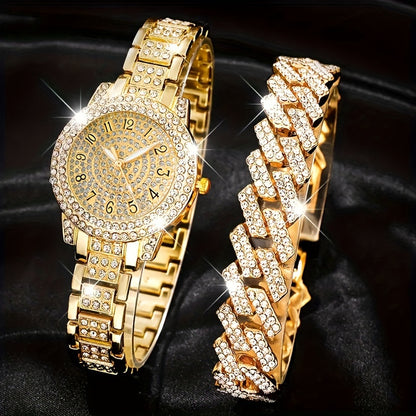 2-piece ladies watch set with a fashion casual quartz watch and hip hop bracelet.