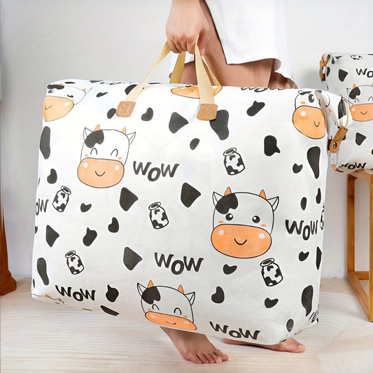 Large capacity polyester storage bag with cute cow print design for adults. Perfect for moving and organizing. Features a handle for easy portability. Measures 14+ inches.