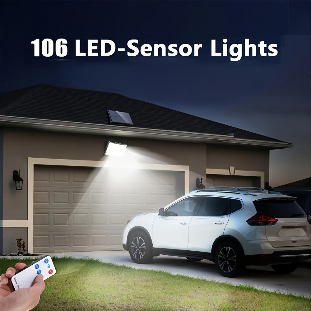 Two packs of 106 LED solar outdoor lights with motion detector for garden use, providing 135° illumination angle from dusk to dawn.