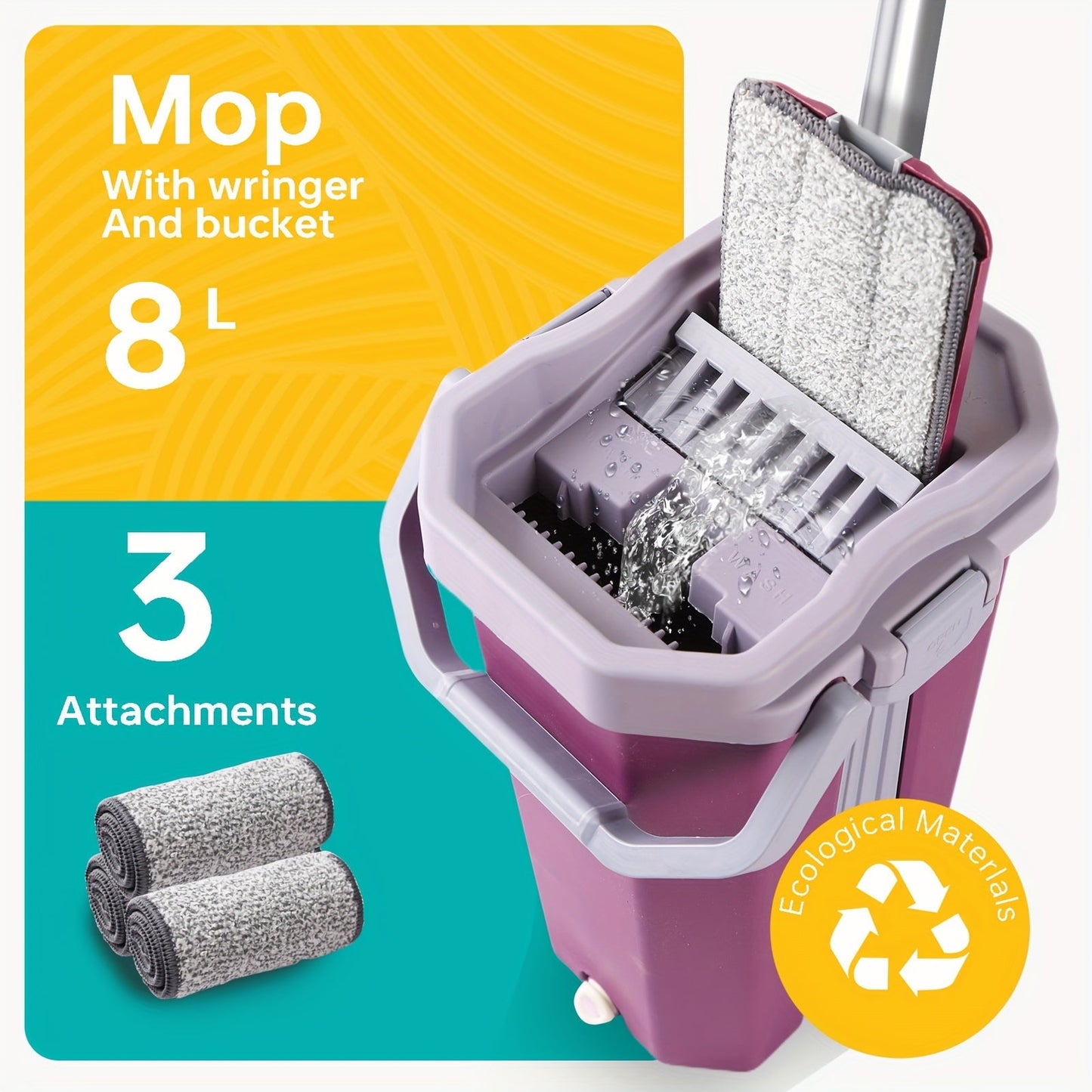 Get your hands on the EcoClean 8L Manual Mop and Bucket Set featuring a wringer. This set includes 2/3/4/6 microfiber pads and requires no electricity. Perfect for cleaning your living room, bedroom, bathroom, kitchen, and floors.