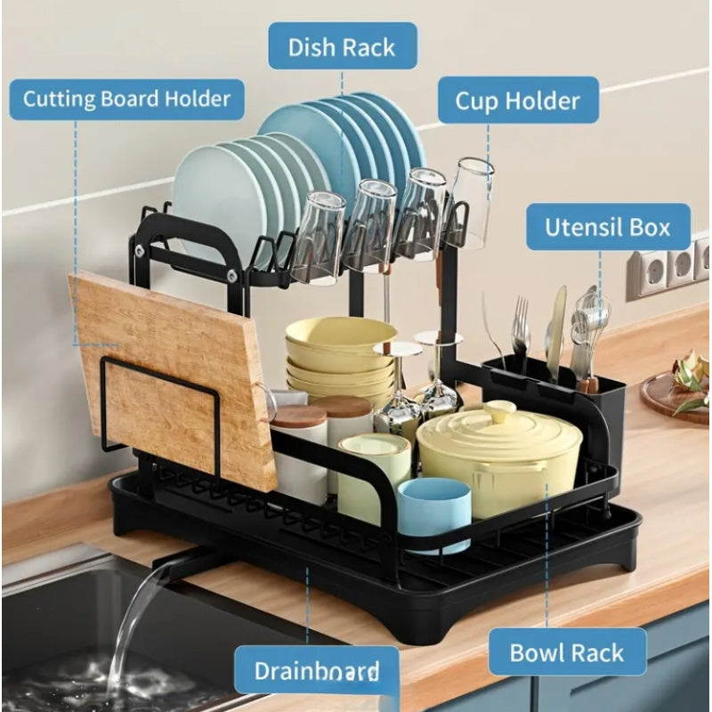 A steel dish rack set with two tiers, a draining board, and various kitchen accessories, designed for maximizing space and drying capacity above the kitchen sink and on the countertop.