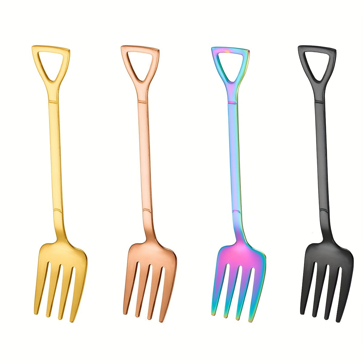 Set of 4 stainless steel fruit, cake, and dessert forks in creative shapes. Dishwasher safe. Perfect for home, restaurant, hotel, parties, gifts, coffee bars, Halloween, Day of the Dead, and Christmas.