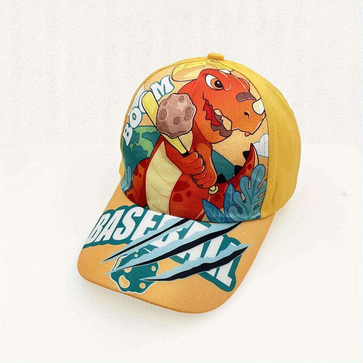 Adjustable cartoon dinosaur print baseball cap for boys and girls.