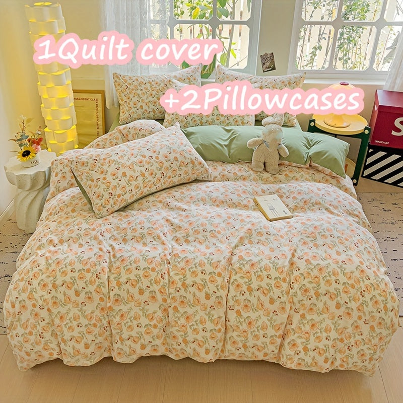 3-piece bedding set includes 1 quilt cover and 2 pillowcases with floral design. Cozy, breathable, and suitable for all seasons. Machine washable with no fading or deformation. Ideal for a