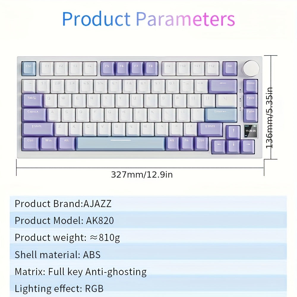 AJAZZ AK820PRO 75% Hot-Swappable Gasket Mechanical Keyboard with TFT Display, 4000Mah Battery, BT/2.4G/USB connectivity, RGB Lighting, and Gift Switch in Trendy Colors.