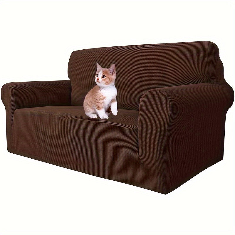 Jacquard fitted sofa slipcover with elastic band, machine washable polar fleece fabric. Compatible with various sofa sizes. Protects furniture from dust and cat scratches.