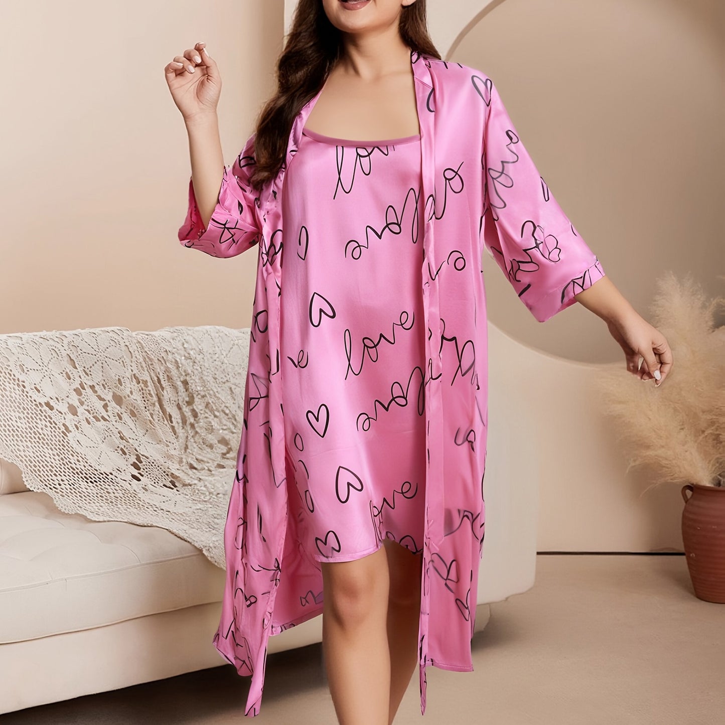 Plus Size Elegant Pajama Set with Satin Leopard Print Robe and Cami Dress.