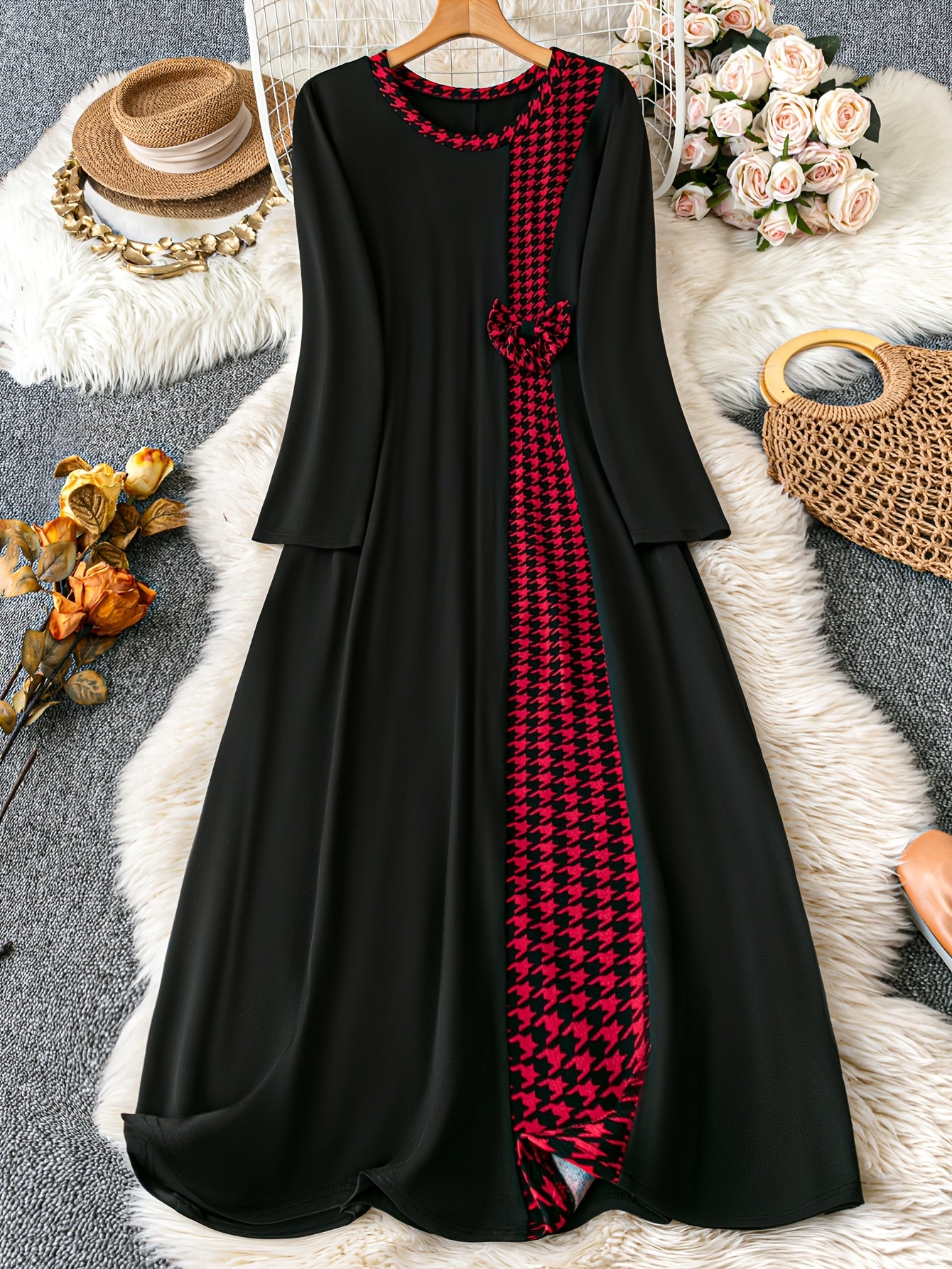 Women's Elegant Houndstooth Long Dress in Black & Red, Asymmetrical Hem, Round Neck, Machine Washable, Spring/Summer Polyester Blend