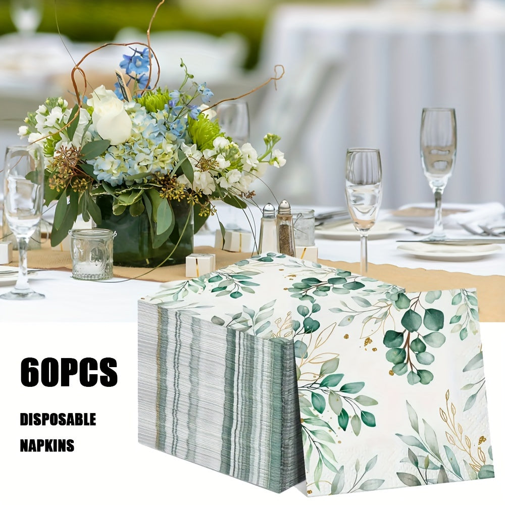 60 Elegant Eucalyptus & Golden Leaf Disposable Napkins - Soft and Absorbent 2-Ply Paper Guest Towels for Parties, Weddings, Birthdays, Baby Showers - Stylish Green & Gold Design, Durable and Tear-Resistant, 33.02x33.02 cm