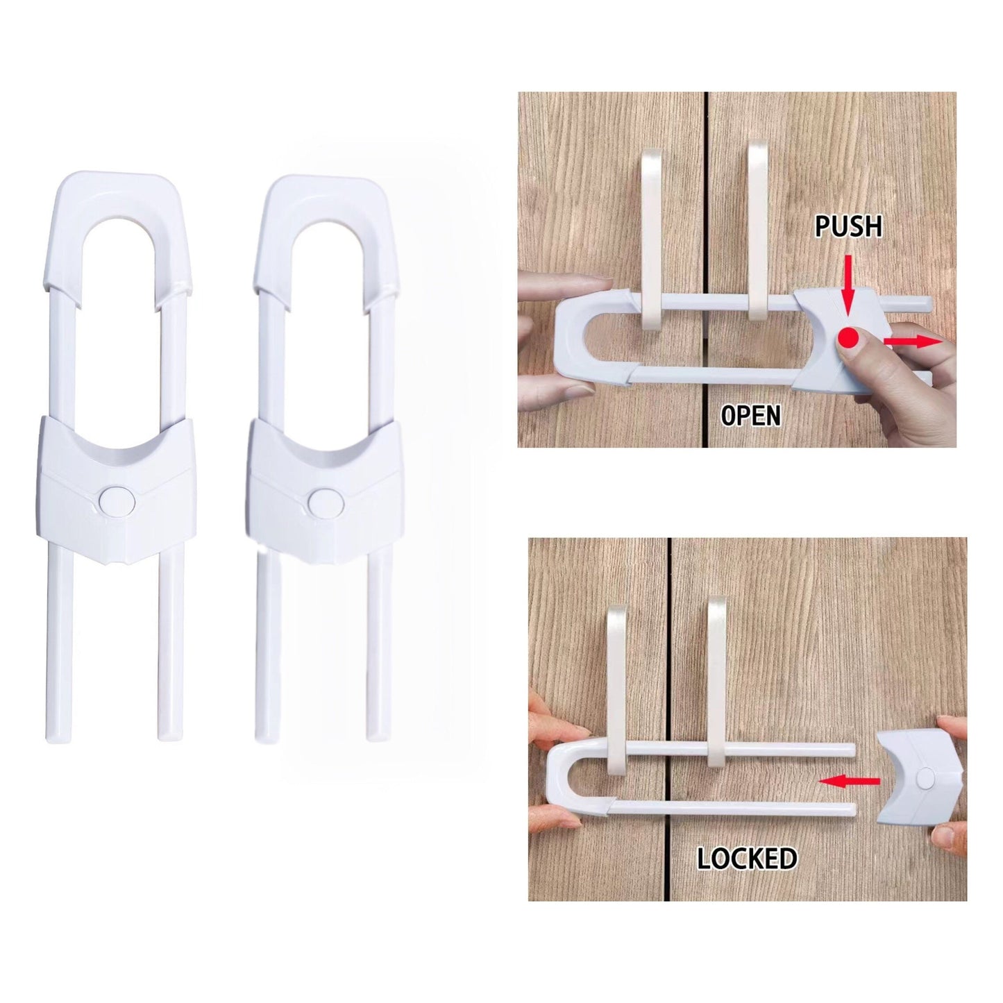 Set of 2 Safety Cabinet Locks - U-Shaped, Adjustable Fasteners for Childproofing Kitchen & Bathroom Cabinets