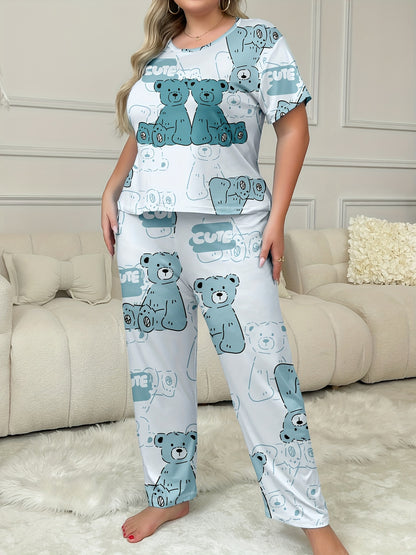 Plus size teddy bear print pajama set for women with round neck, short sleeve, and long pants. Comfortable loungewear for spring/summer/fall.