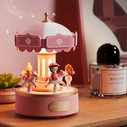 Cartoon Carousel Music Box Night Light with adjustable lighting and push button control, rechargeable via USB. Perfect for home decor and gifting.