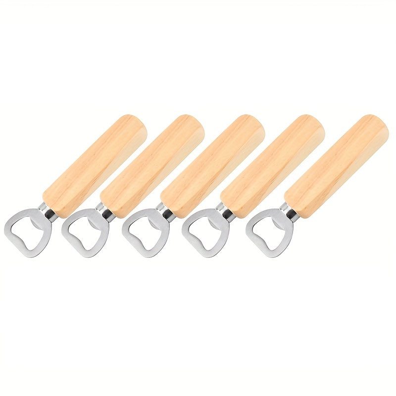 10pcs Wooden handle stainless steel bottle openers for beer, wine, and juice opening. Perfect for use in bars, pubs, clubs, restaurants, or at home as summer drinkware accessories.