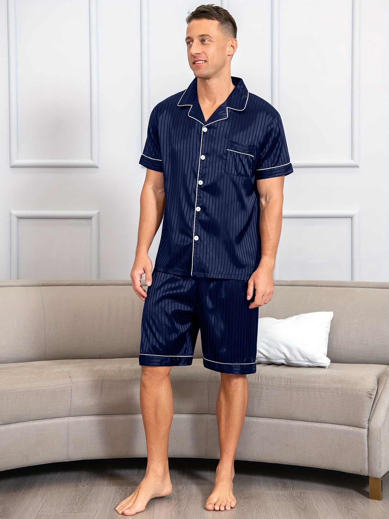 Men's reversible collar pajama set with silky, breathable fabric for summer