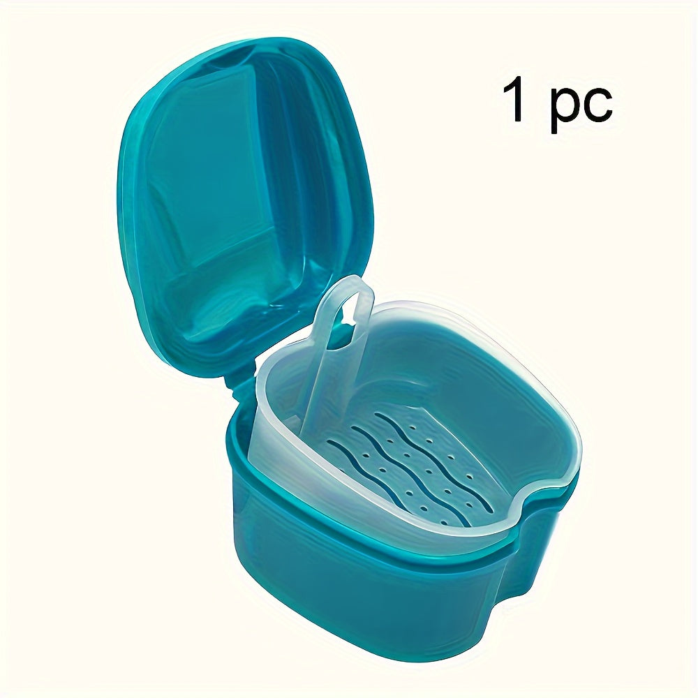 Durable plastic case with built-in brush and filter for complete denture care.