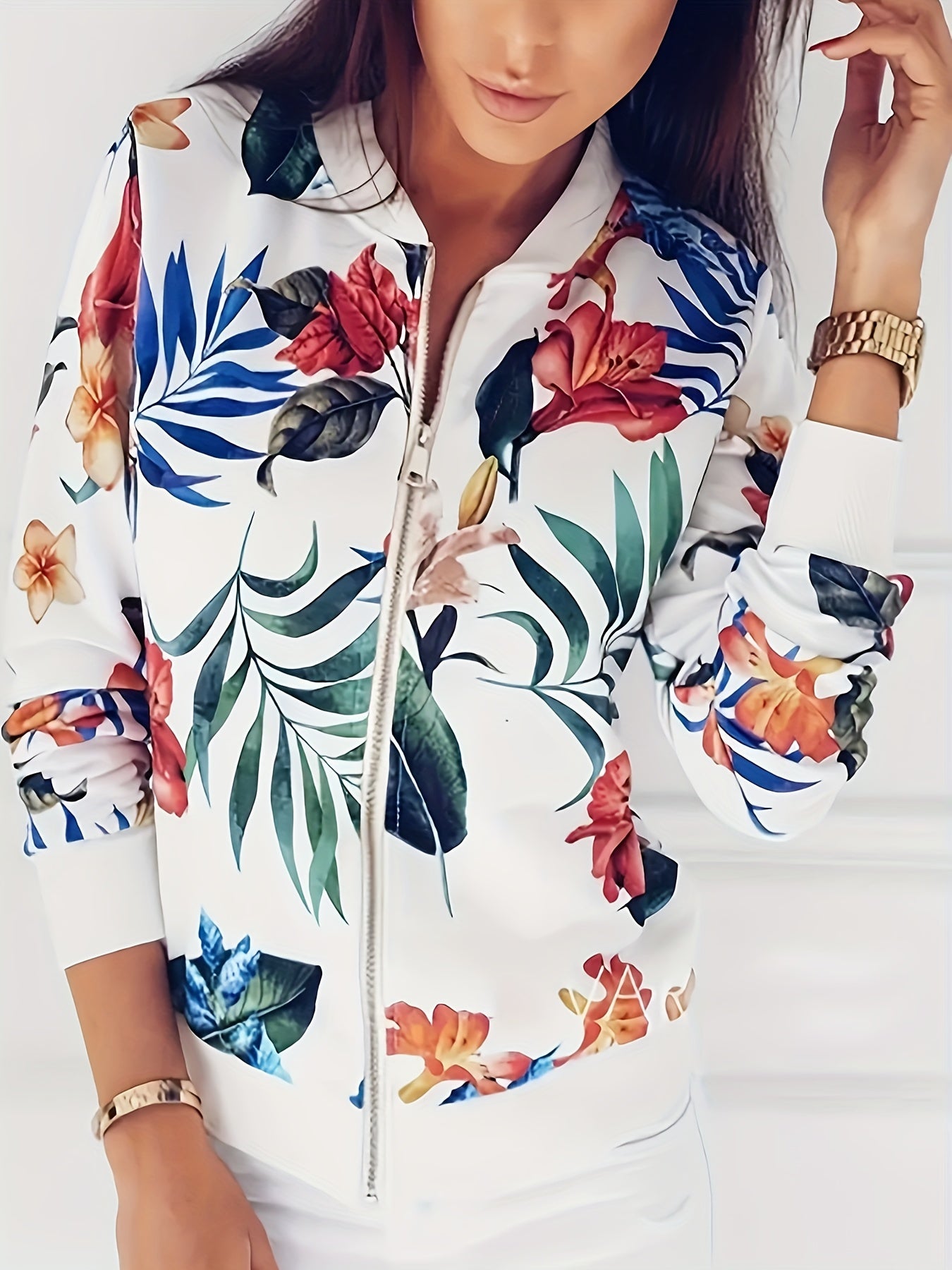 Floral Full Zipper Jacket for Fall & Winter, Plus Size Women's Clothing