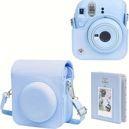 Protective faux leather case for Fujifilm Mini 12 camera with light-sensitive hole and lens compatibility. Durable accessory.