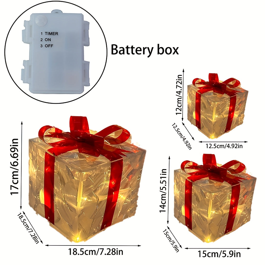 3 Classic LED Lighted Gift Boxes with Red Bows, Battery Operated, Batteries Not Included, Ideal for Holiday Decorations.